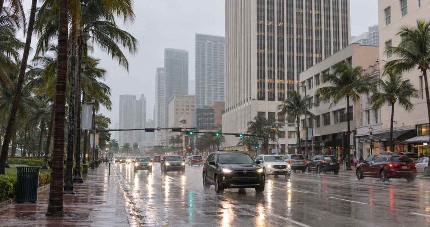 Florida podría recibir 4,6 billones de galones de lluvia en siete días: estas serían las zonas más afectadas Rainy Biscayne Boulevard by Bayfront Park