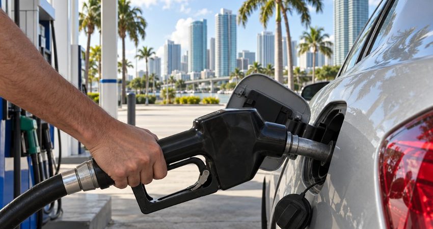 Nueva presión al bolsillo en Florida: la gasolina sigue sobre $4 y amenaza con encarecerse Repostaje en Miami, skyline al fondo