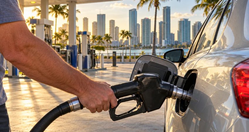 Nuevo golpe al bolsillo en Florida: la gasolina supera los $4,20 por galón en varias ciudades entre ellas Miami Repostando frente al skyline de Miami