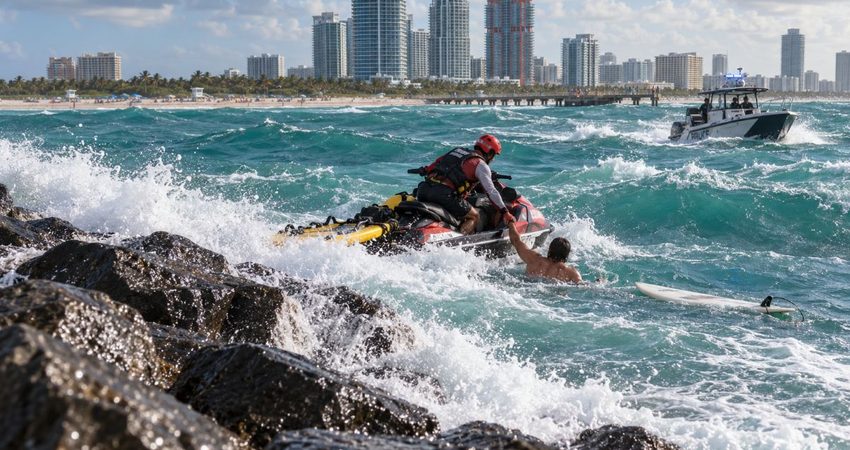 Intentaba salir y las olas lo derribaban: así fue el angustiante rescate de un surfista en South Pointe Rescate de surfista en South Pointe