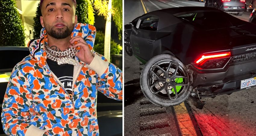 "Viene Lambo nuevo": rapero cubano Ovi comparte imágenes de cómo quedó su Lamborghini tras accidente en Los Ángeles Retrato de Ovi y Lamborghini accidentado