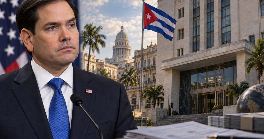 Marco Rubio acusa al régimen cubano de servir de plataforma a actores hostiles y sanciona un banco estatal Rubio ante banderas y fachada habanera