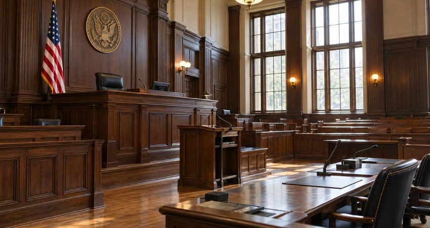 Jueza federal ordena a ICE liberar a un cubano y frena su deportación a un tercer país sin garantías Sala judicial vacía con estrado y bandera