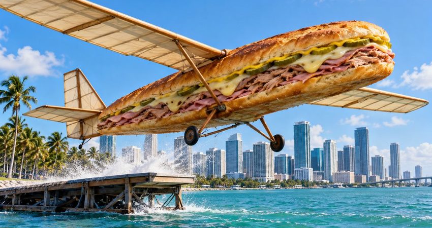 Un sándwich cubano gigante intentará volar sobre Miami y romper un récord mundial durante el Red Bull Flugtag Sándwich cubano volador sobre Miami