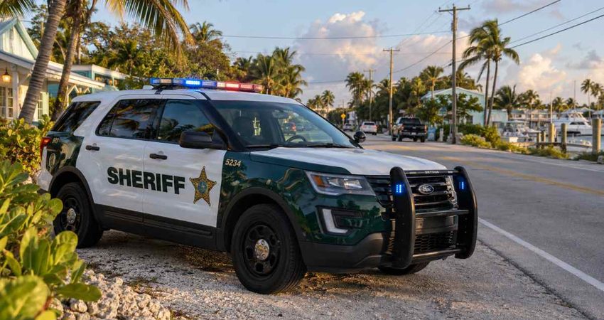Buscan en Florida a hombre declarado culpable de 11 cargos que no acudió a la corte Sheriff SUV on a Key Largo road