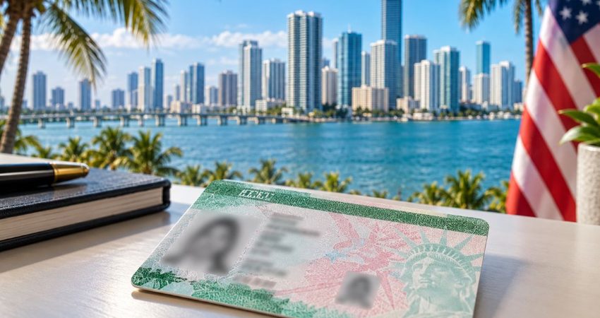 Florida encabeza la emisión de nuevas green cards: un aumento del 41 % coloca al estado por delante de California Tarjeta verde ante el horizonte de Miami