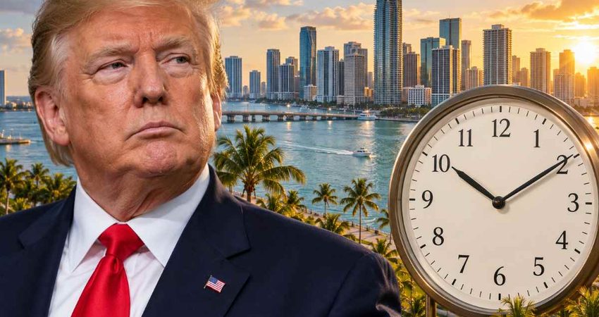 Trump presiona para eliminar el cambio de hora: qué significaría para Florida Trump, Miami skyline, and a clock