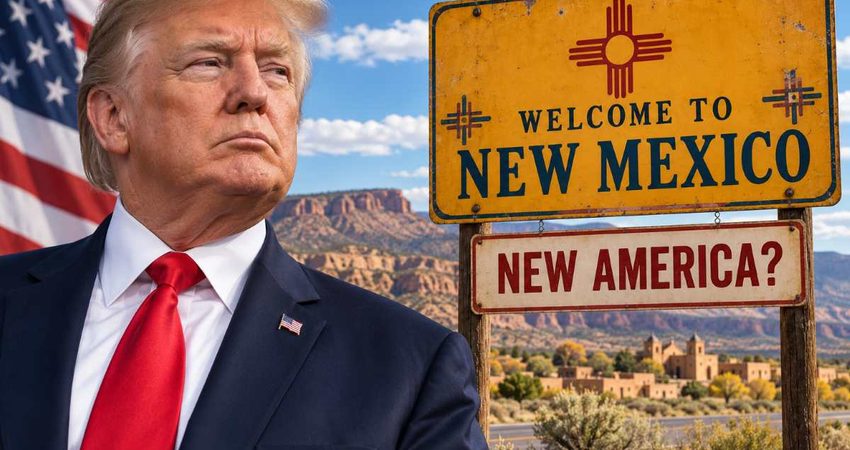 Trump insiste en cambiar el nombre de Nuevo México por “Nueva América” y asegura que subirían los ingresos y el valor de las viviendas Trump beside a New America_ proposal