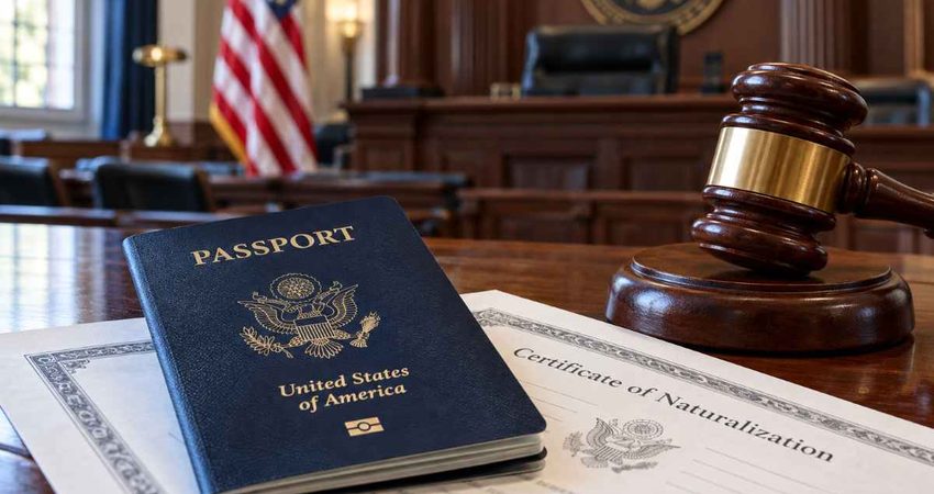 Dos cubanos entre los 40 naturalizados a quienes el Gobierno de Trump busca quitar la ciudadanía U.S. passport, naturalization papers, and gavel