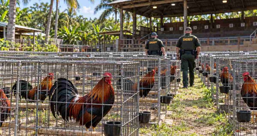 Allanan una finca en Miami-Dade y descubren cientos de gallos y una presunta arena de peleas gallos